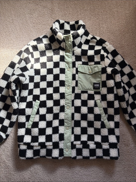 Vans Jackets & Blazers - Vans | Checkerboard Sherpa Jacket in Black & White with Mint Trim